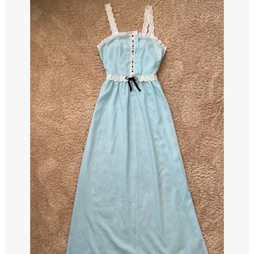 Vintage 1970s Smart Time Juniors Blue Dotted Maxi Dress